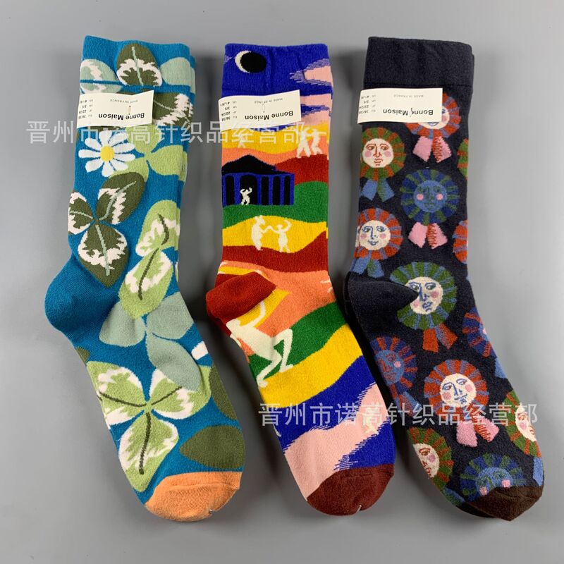 Niche Oil Painting Retro Trendy Women's Mid-Calf Socks All Seasons Literary Graffiti Combed Cotton Socks Accessible Luxury Casual Socks