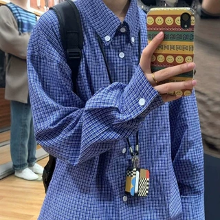 美式复古高级蓝色格纹格子衬衫男女长袖宽松衬衣百搭休闲慵懒外套