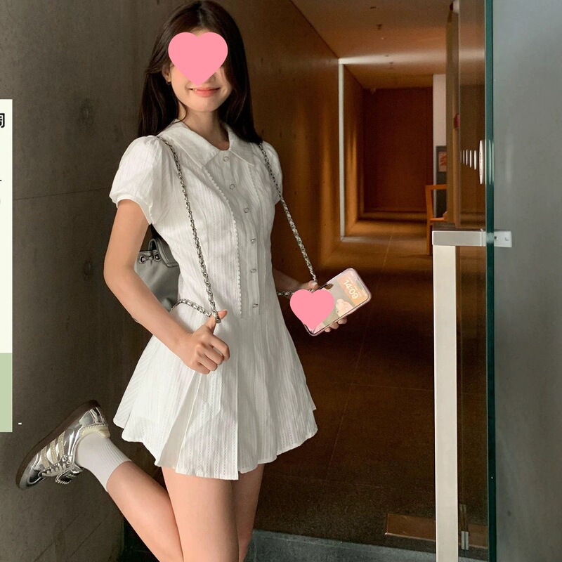Song Zhengen Academy Style White Puff Sleeve Shirt Dress for Women, Summer Elegant Waist-Cinching Sweet Short Dress for Petite Figures