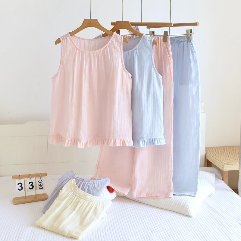 Summer Pure Cotton Pajamas for Women, Gauze Camisole and Long Pants Set, Fresh and Simple Sleeveless Loungewear, Loose Fit, All-Cotton