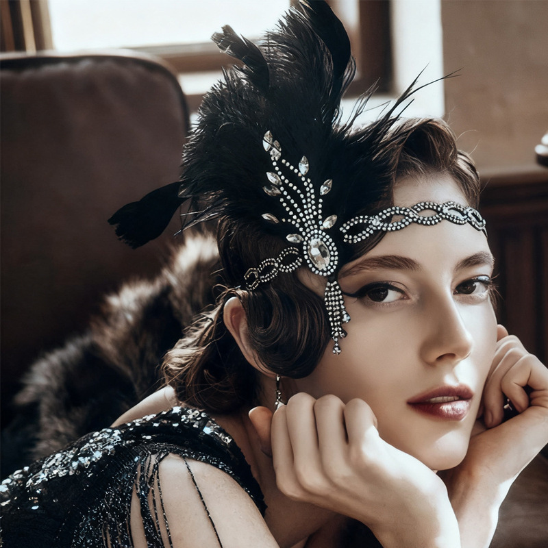 Cross-Border Hot-Selling Rhinestone Headband 1920S Retro Fashion Prom Party Gatsby Style Feather Headdress for Women