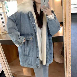 跨境牛仔外套女秋冬季宽松韩版百搭大毛领棉衣新款加绒加厚棉服潮