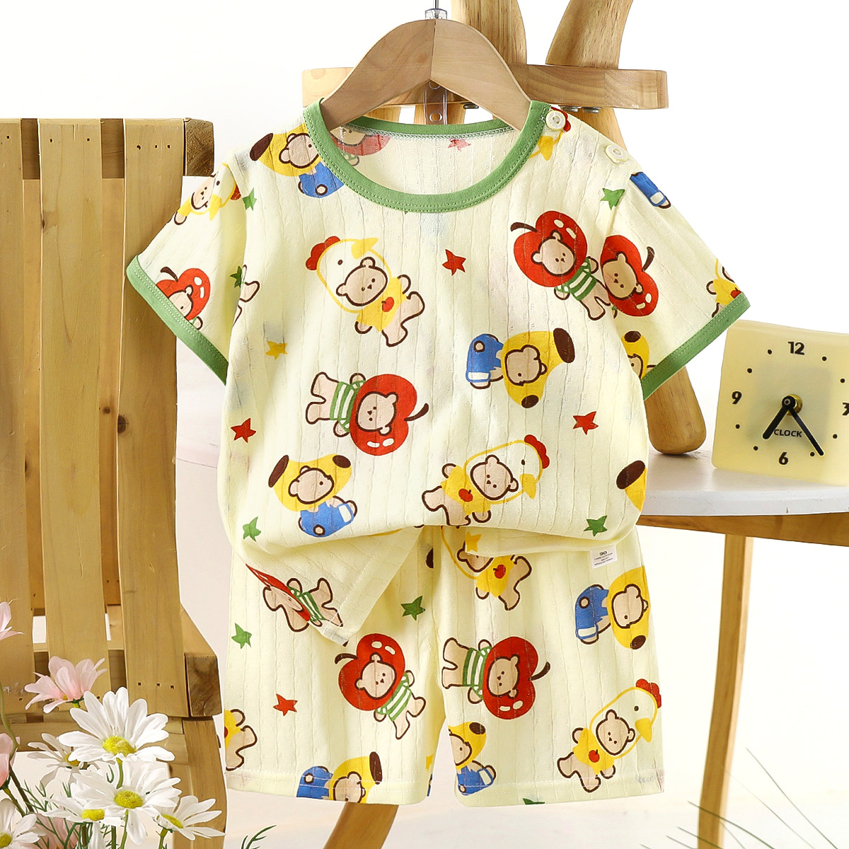 Nuevo traje de bebé de verano de dos piezas de manga corta de algodón para niños, pantalones cortos para bebés, ropa de casa delgada de dibujos animados