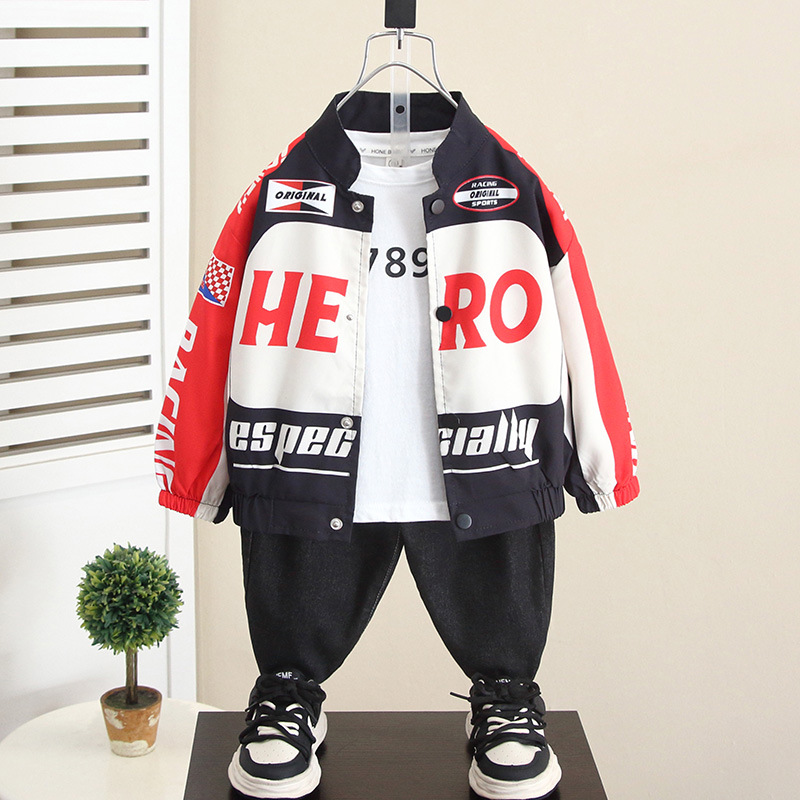 5956 Chaqueta de traje de motocicleta guapo de moda para niños 2025 otoño nueva ropa para niños primavera y otoño chaqueta de calle frita para bebés