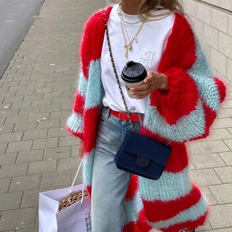 Sweater 2025 Autumn/Winter Style Independent Brand Influencer Nⅰs Amazon Color-Block Striped Long Coat Loose Fit