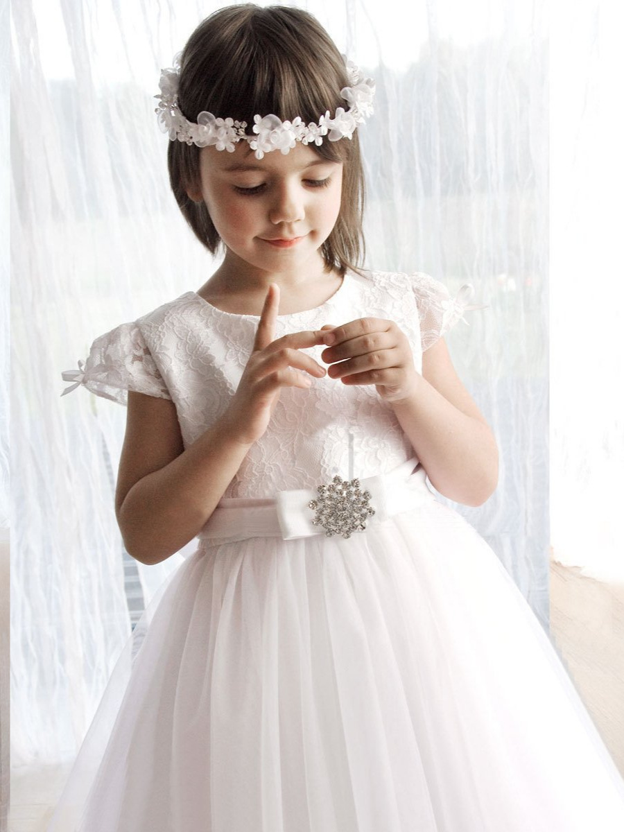 Comercio exterior transfronterizo europeo y americano vestido infantil de mangas cortas de encaje vestido de novia princesa de cumpleaños niña vestido largo