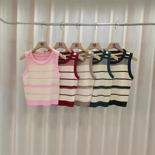 French-style sweet striped sleeveless chiffon knitted top for women, summer new short sleeve casual backless upper garment for women