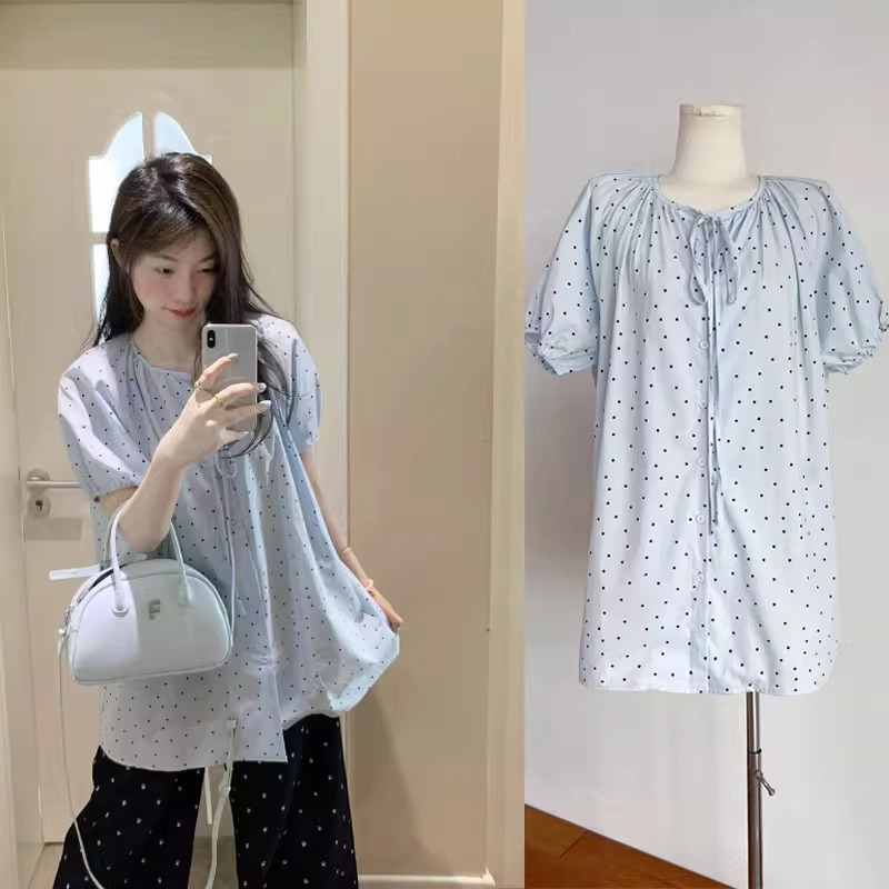 夏季小清新波点泡泡袖衬衫连衣裙女新款宽松休闲中长款系带娃娃衫