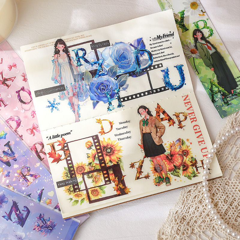 Caracteres pintados letras grandes transparentes pegatinas impermeables pet diy material de decoración de libros de mano pegatinas alfabéticas transfronterizas