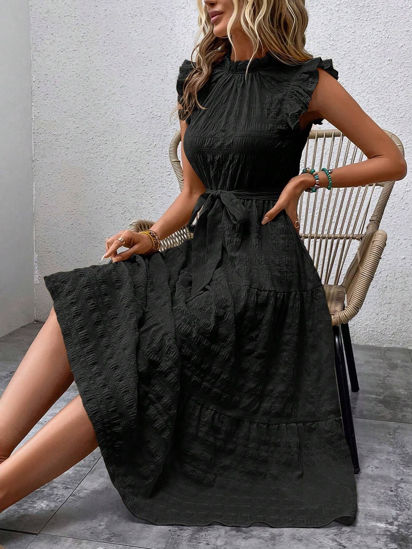 Women's Regular Dress Streetwear Scalloped Neckline Lettuce Trim Sleeveless Solid Color Midi Dress Daily display picture 12