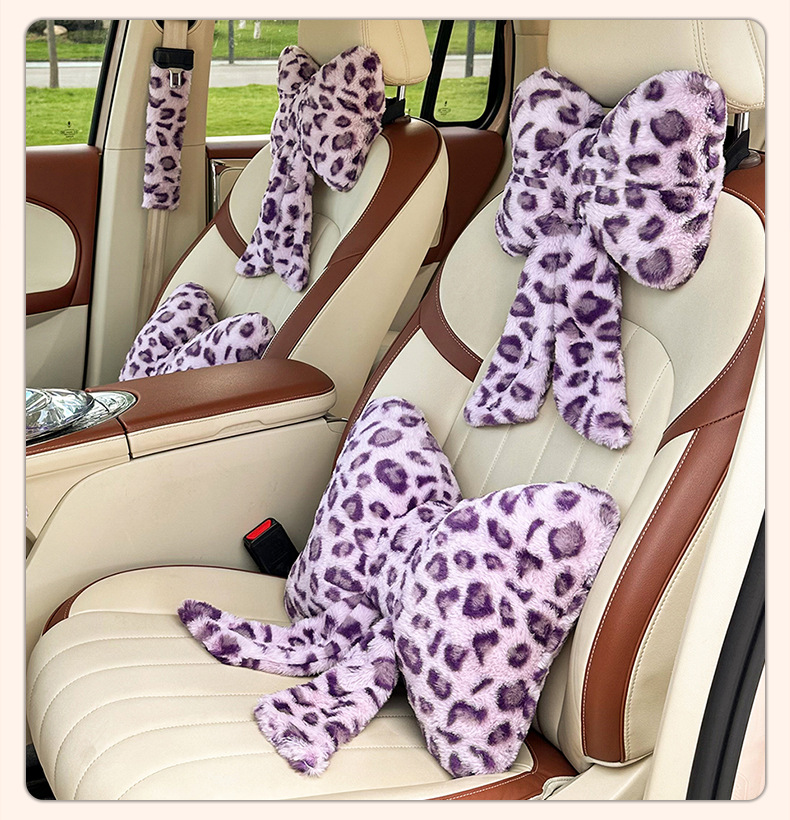 2026 New Car Accessories Rabbit Fur Leopard Print Ribbon Headrest and Lumbar Support Green Headrest and Lumbar Support