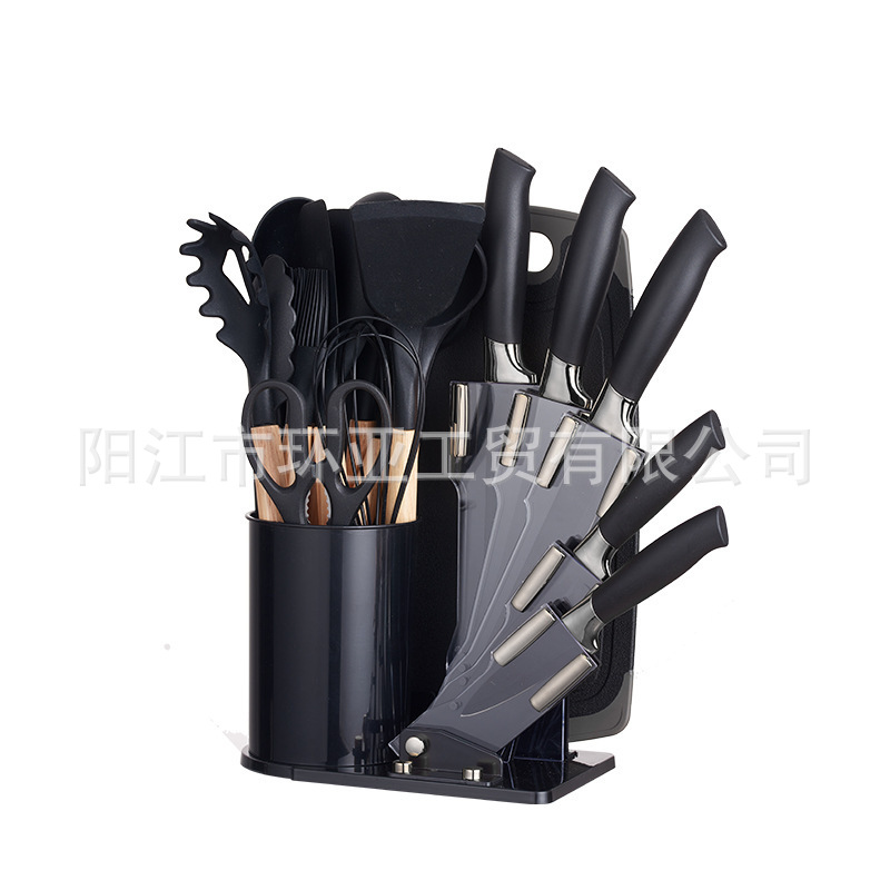 Juego de utensilios de cocina y cuchillos de silicona transfronterizos para el hogar con utensilios de cocina de acero inoxidable, juego de cocina multifuncional de 20 piezas.