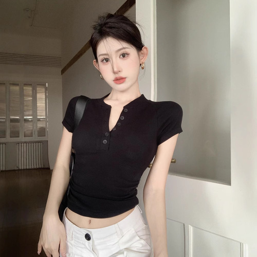 New 2025 Summer American Button-Down Short-Sleeve T-Shirt for Women, Fitted Wrinkle-Free Short Top, Casual Trendy Basic Shirt