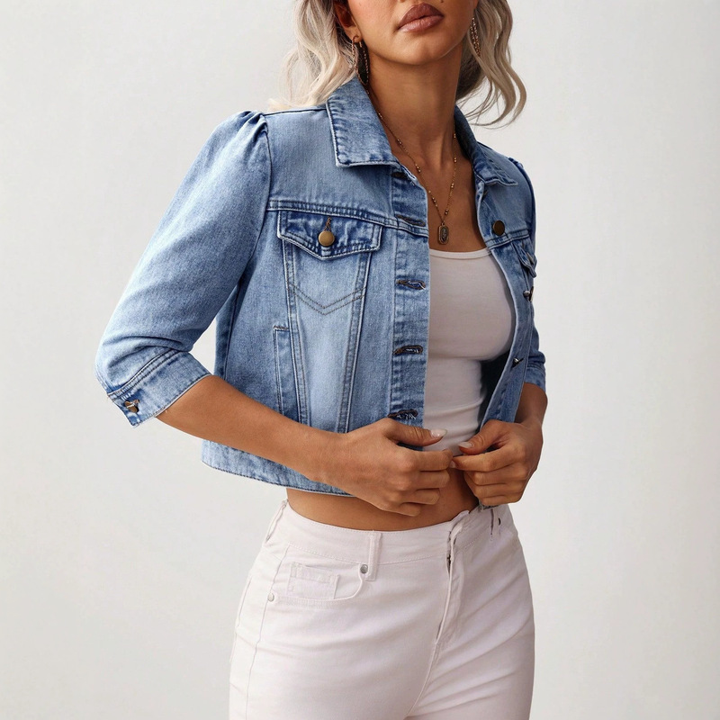 Lightly Washed Puff-Shoulder Short Denim Jacket - Three-Quarter Sleeve Design Denim Jacket Lightly Washed Puff-Shoulder Short Denim Jacket - Three-Quarter Sleeve Design Denim Jacket