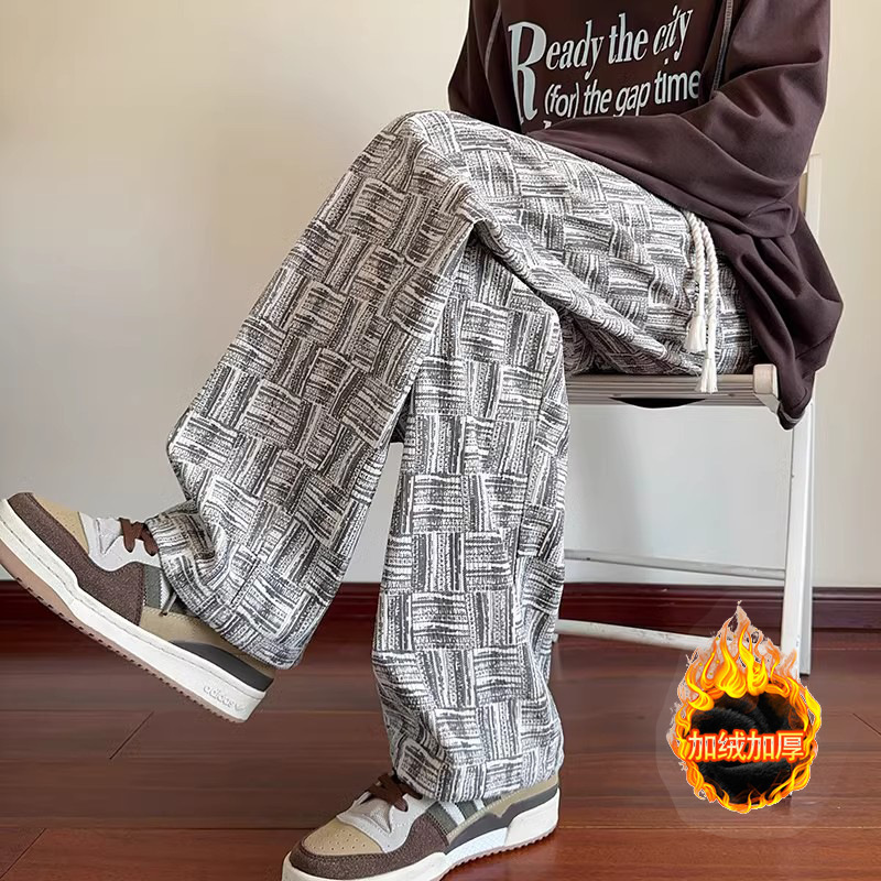 Fleece-Lined Thick Plaid Ink Tie-Dye Voluminous Pants for Men, Slimming Elastic Drape Straight-Leg Pants, American Casual Long Pants