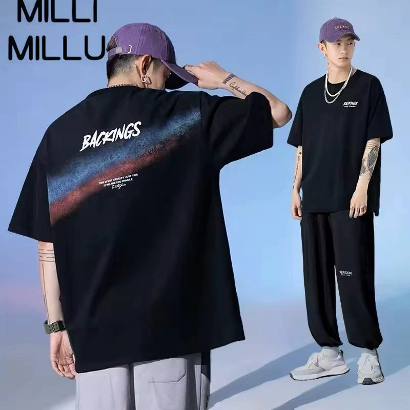 Летняя одежда из плотного хлопка 2024 года, американский стиль, свободный крой, модный бренд, для мужчин и женщин.