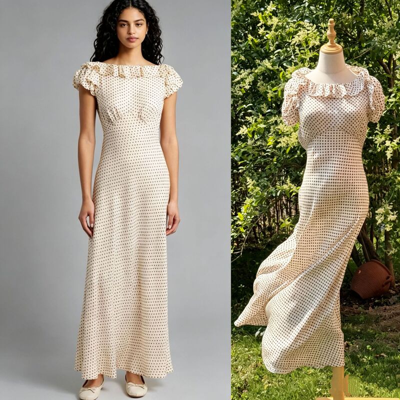 Apricot Polka Dot Retro Off-Shoulder Ruffled Elegant Bias-Cut Silk Long Dress
