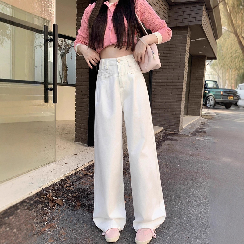 White Wide-Leg Jeans for Women, Petite Size, Suitable for Pear-Shaped Body, Straight Loose Wide-Leg Pants
