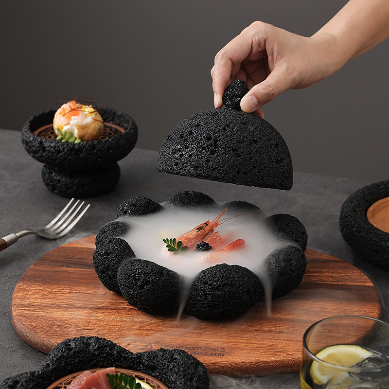 Coal ball volcanic stone artistic conception plate Japanese hotel creative tableware honeycomb coal black dish hotel sushi personality Rock
