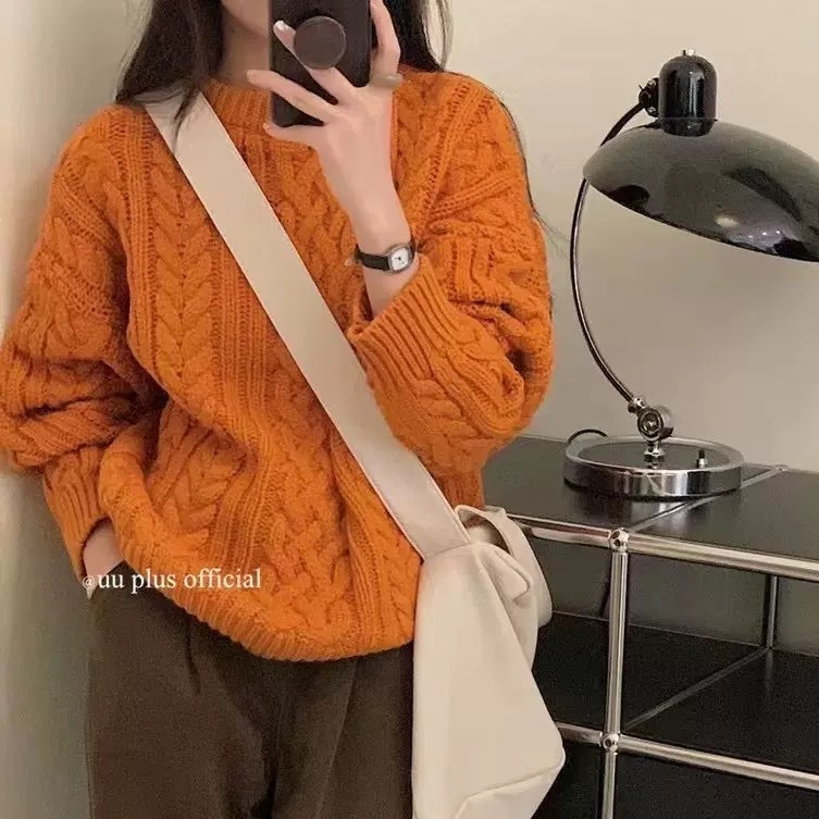 韩系复古黑色麻花毛衣女秋冬加厚宽松慵懒外穿显瘦纯色毛针织上衣|undefined