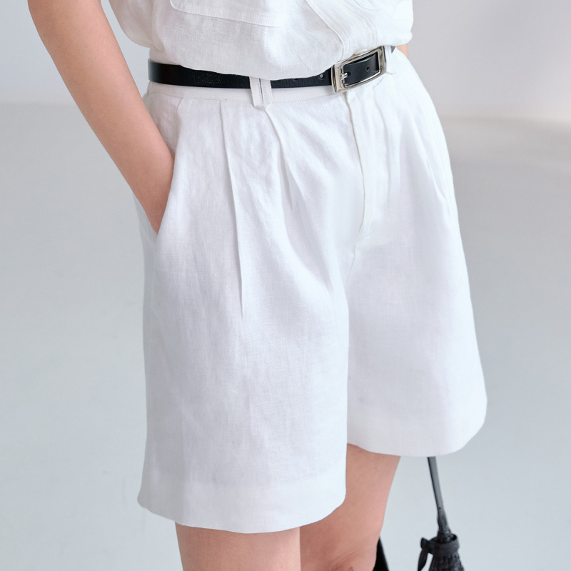 Old Money Style Pure Linen Shorts, Twill High-End Designer Linen Loose Straight Pants for Women, Summer Workwear High-Waisted Pants