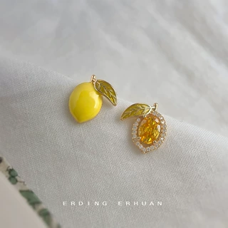 夏日柠檬~小众设计师镀银针微镶锆石手工滴釉不对称水果耳钉耳饰