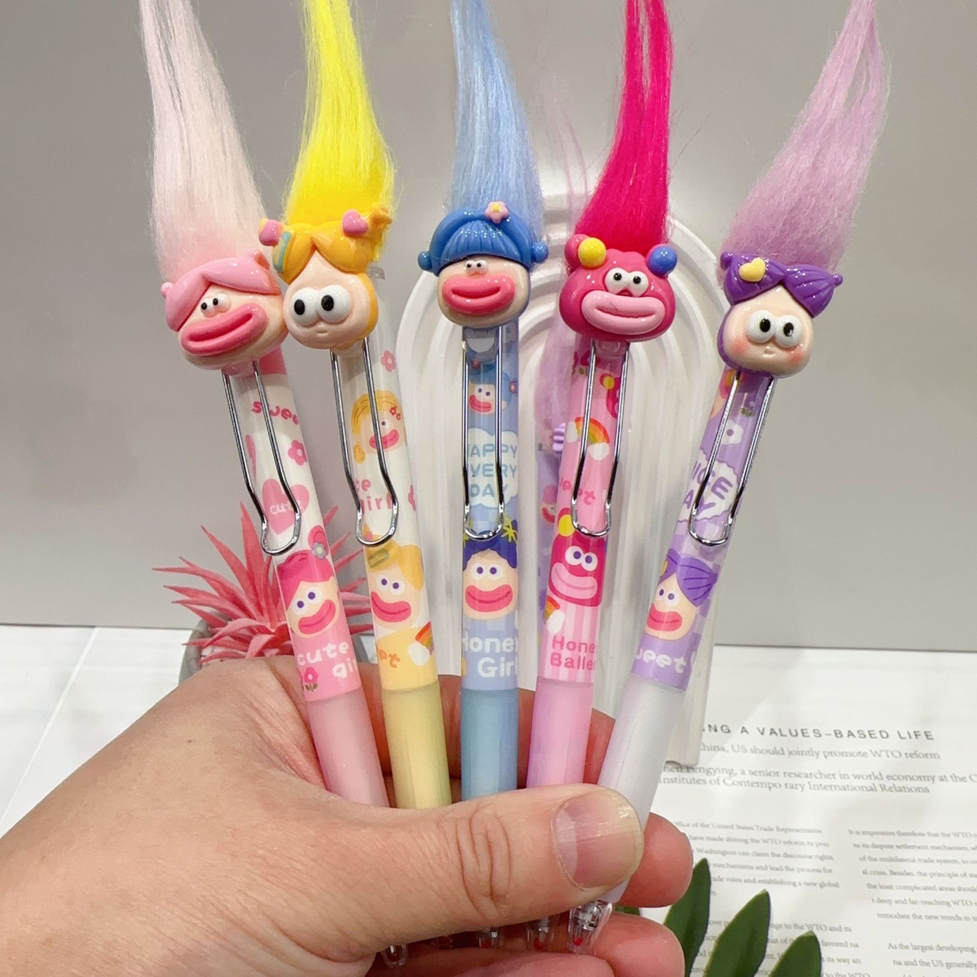 New Internet Celebrity Fried Big Mouth Doll Gel Pen Cute Creative Sticky Hair Sign Pen Funny Ugly Baby Push Pen