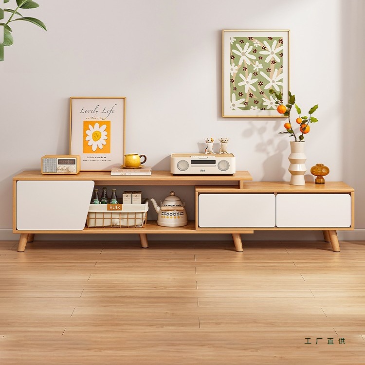 Nordic Solid Wood Leg Tv Cabinet, Simple and Modern Small Apartment Coffee Table Tv Cabinet Combination, Retractable Tv Cabinet for Living Room