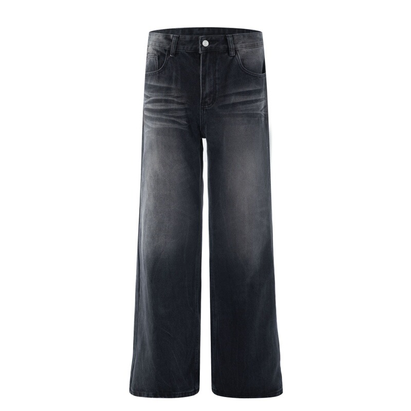 American Retro Denim Straight-Leg Pants for Men, Street Fashion Punk Dad Pants, Washed and Distressed, Loose Casual Floor-Length Pants