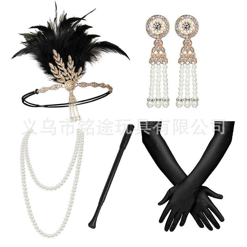 1920s Flapper niña ropa venda roja lana raya collar guantes cigarrillo varilla traje negro lana raya