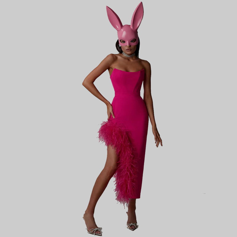 Ostrich Hair Dress Strapless Dress Cross-border Irregular Split Long Dress Dress Hip Bandage Dress High-end