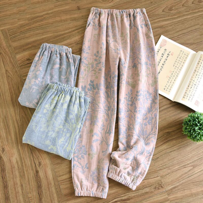 Yarn-Dyed Jacquard Fortune Tree Pajamas for Women, Thin All-Season Pants with Side Pockets, Cotton Double-Layer Gauze Home Pants Yarn-Dyed Jacquard Fortune Tree Pajamas for Women, Thin All-Season Pants with Side Pockets, Cotton Double-Layer Gauze Home Pants