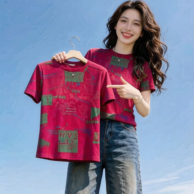 Pure Cotton Stretchy Stylish Printed Short-Sleeve Round-Neck T-Shirt for Women, 2026 Summer New Pullover Loose Fit Cover-Up Top