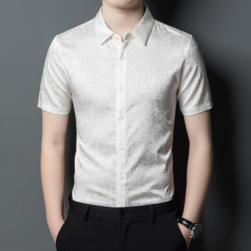 High Quality Mulberry Silk Shirt Men's Short-Sleeved Summer Thin Business Casual Drape Silk Jacquard Shirt for Men High Quality Mulberry Silk Shirt Men's Short-Sleeved Summer Thin Business Casual Drape Silk Jacquard Shirt for Men