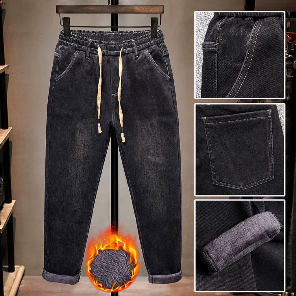 秋冬款加绒高弹男士牛仔裤男松紧腰弹力哈伦直筒裤子宽松抽绳长裤