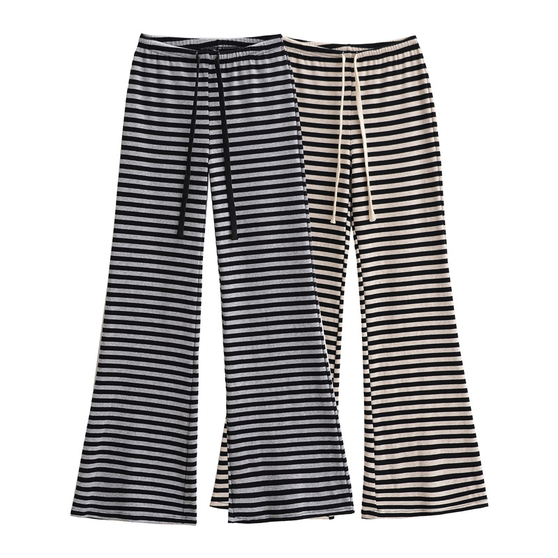 Ds25075-25 Summer New European and American Style Retro Loose Casual Wide-Leg Striped Drawstring Flared Pants Casual Pants