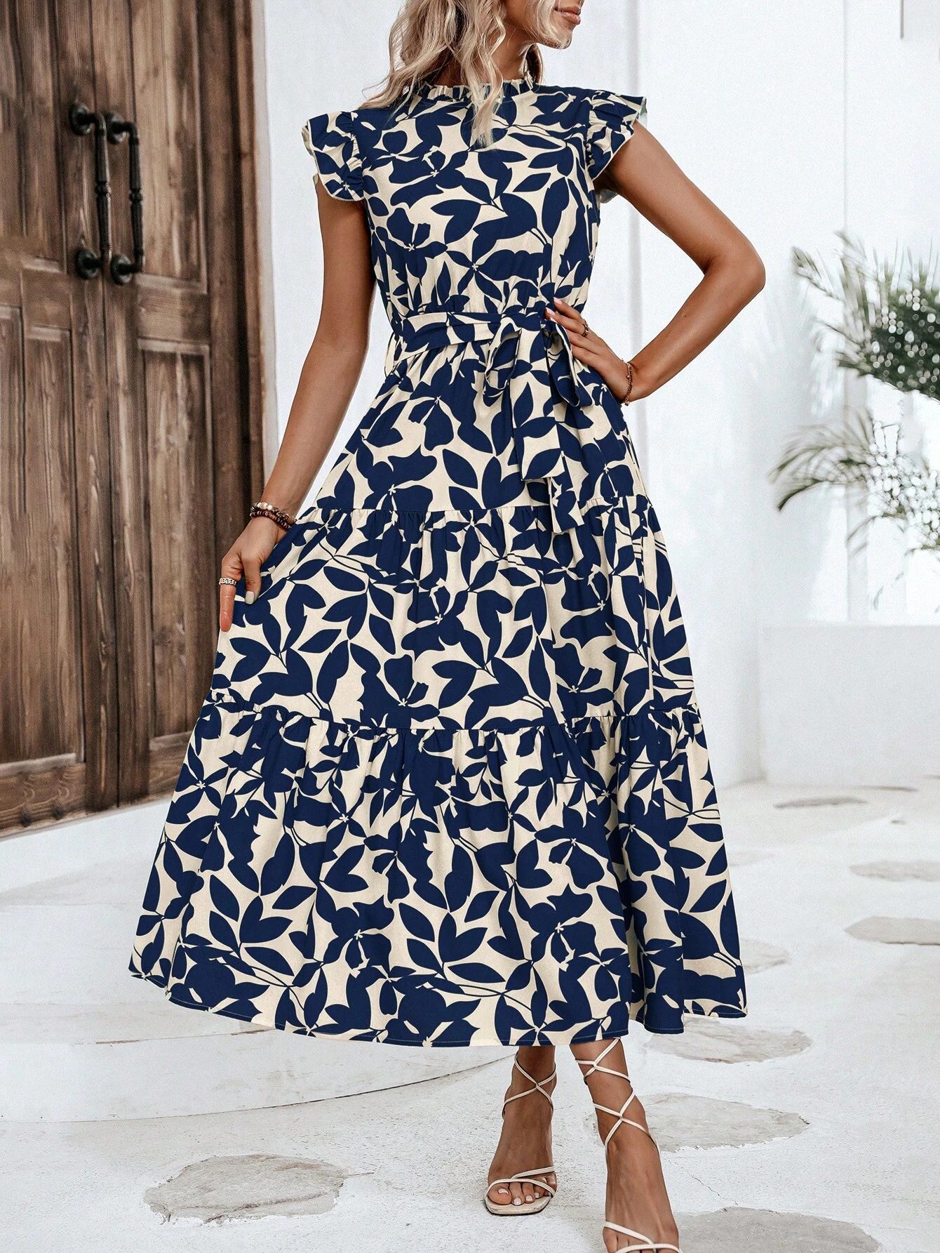350g Weight Midi Dress Dress Length Type Sleeveless Sleeve Length Swing Dress Dresses Type Flounce Sleeve Sleeve Type Polyester Fabric Type High Waist Waist Line Holiday, Daily Occasion Standing Collar Neckline Slim Fit Type Leaf Pattern Summer Season Women's Gender Printing Design Elegant, Streetwear Style Wholesale Women's Elegant Streetwear Printing Leaf Holiday Daily Standing Collar Sleeveless Swing Dress 14