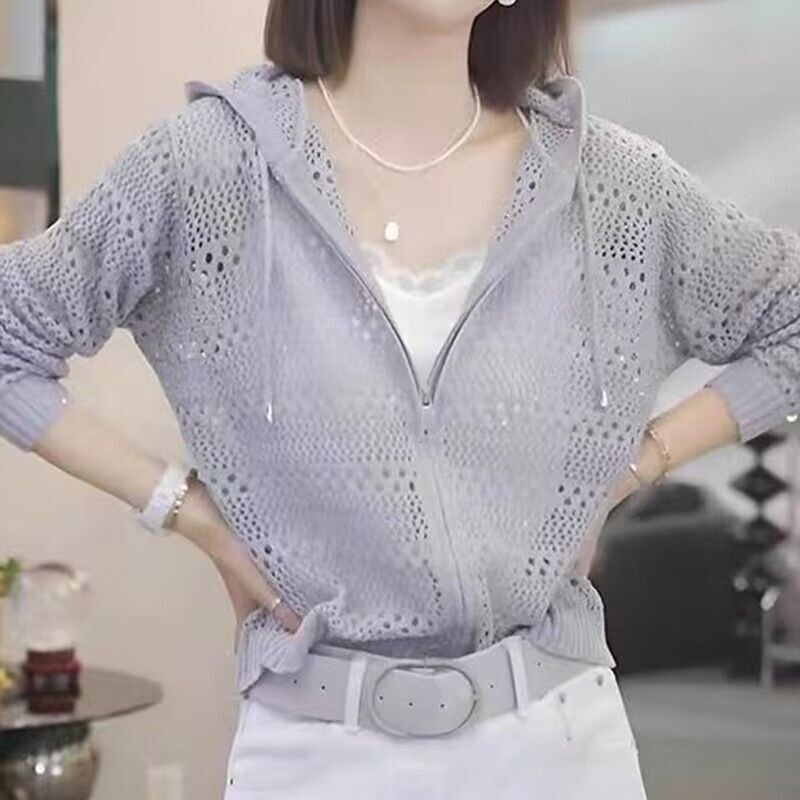 Hooded Hollow-Out Zipper Knit Cardigan 2026 Spring and Autumn Exquisite Sweater for Women, Fashionable Casual Long-Sleeve Loose Top Hooded Hollow-Out Zipper Knit Cardigan 2026 Spring and Autumn Exquisite Sweater for Women, Fashionable Casual Long-Sleeve Loose Top
