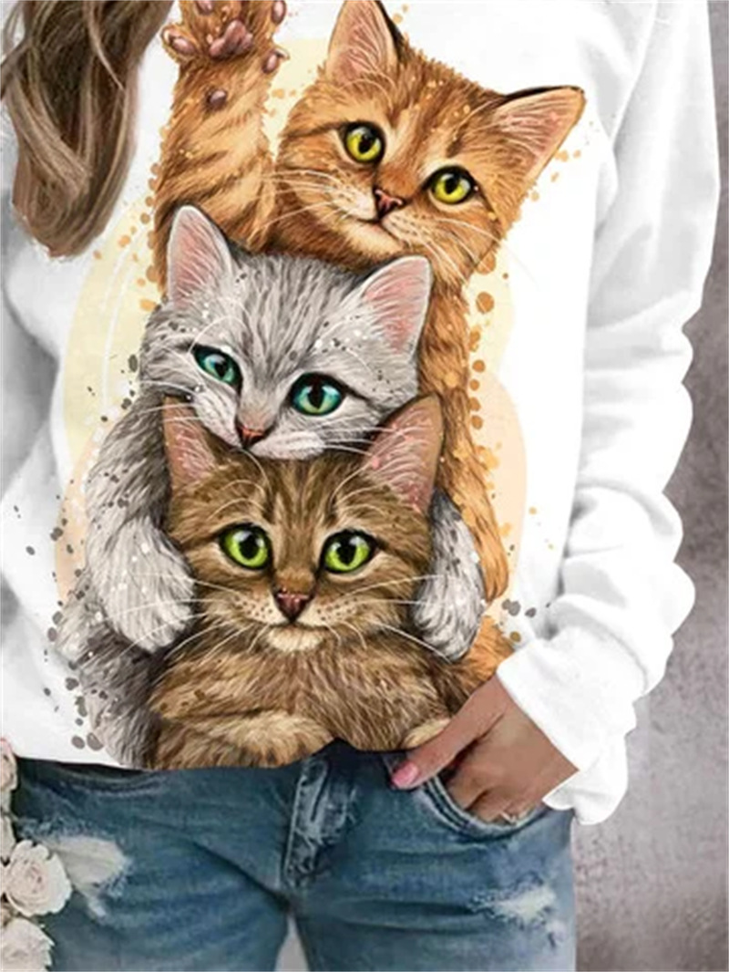 Mujeres Sudadera Manga Larga Camisetas Impresión Moda Gato display picture 16