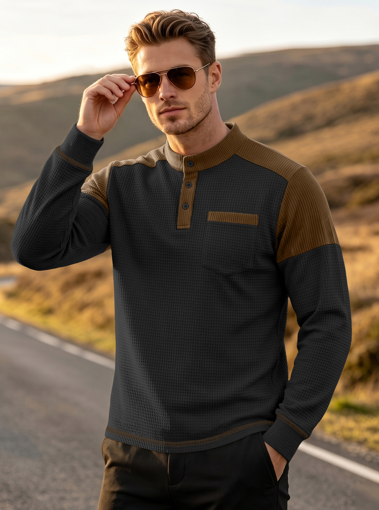 Hombre transfronterizo waffler camisa de manga de hombro de color pincelada Europa y Estados Unidos tk bolsa de cuello grande suéter deportivo de manga larga
