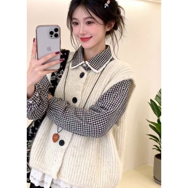 Gentle and Stylish Outfit: Plaid Lace Shirt with a Unique Design, Layered with a Woolen Apricot-Colored Vest for Autumn and Winter, Two-Piece Set Gentle and Stylish Outfit: Plaid Lace Shirt with a Unique Design, Layered with a Woolen Apricot-Colored Vest for Autumn and Winter, Two-Piece Set
