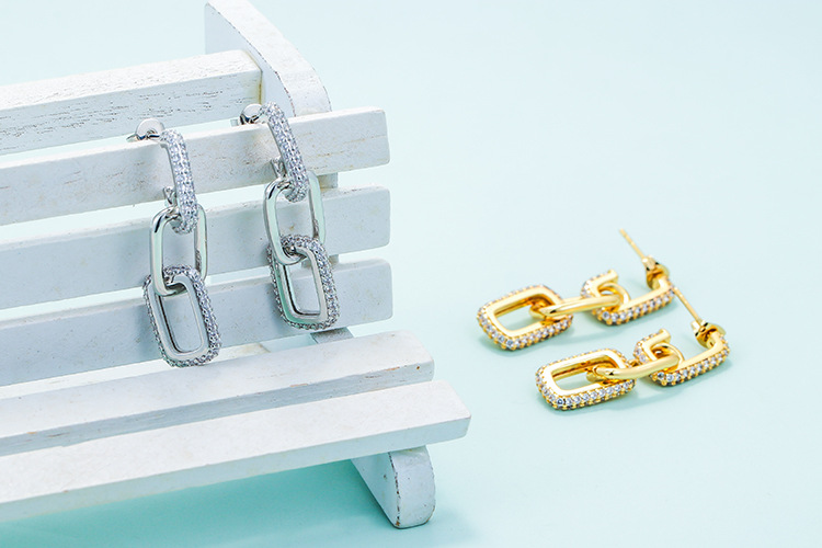 Geometric Pattern Cross-border New Arrival Personality Double Ring Buckle Earrings Gold-plated Long Earrings For Women Micro Inlaid Zircon Fashion Hip Hop Earrings For Women