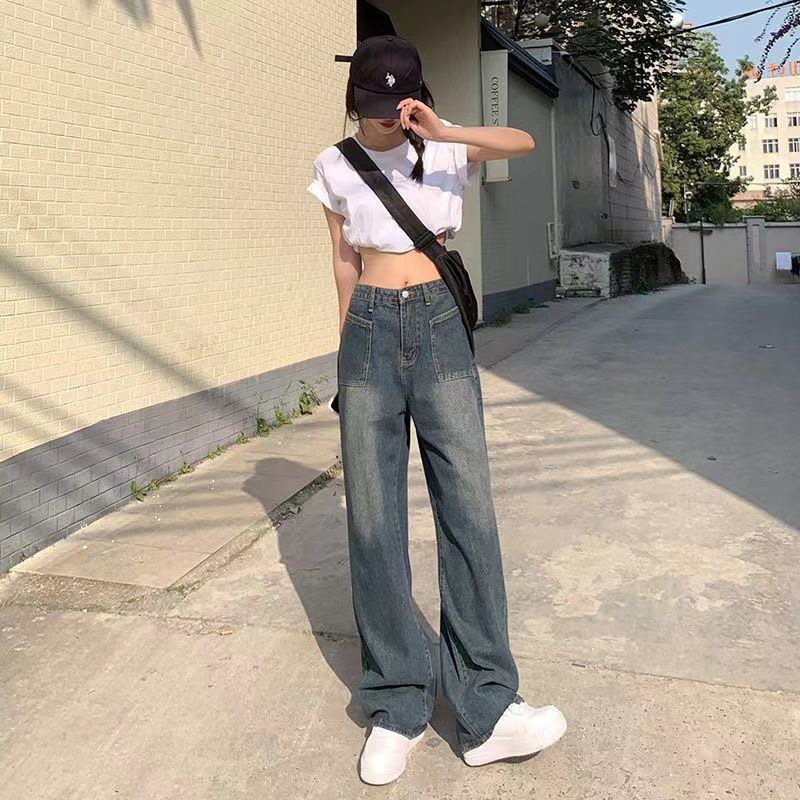 아메리칸 스타일 레트로 하이 웨이스트 청바지 여성용 루즈 스트레이트 2023 여름 새로운 도착 와이드 레그 팬츠 하이 스트리트 인 트렌디