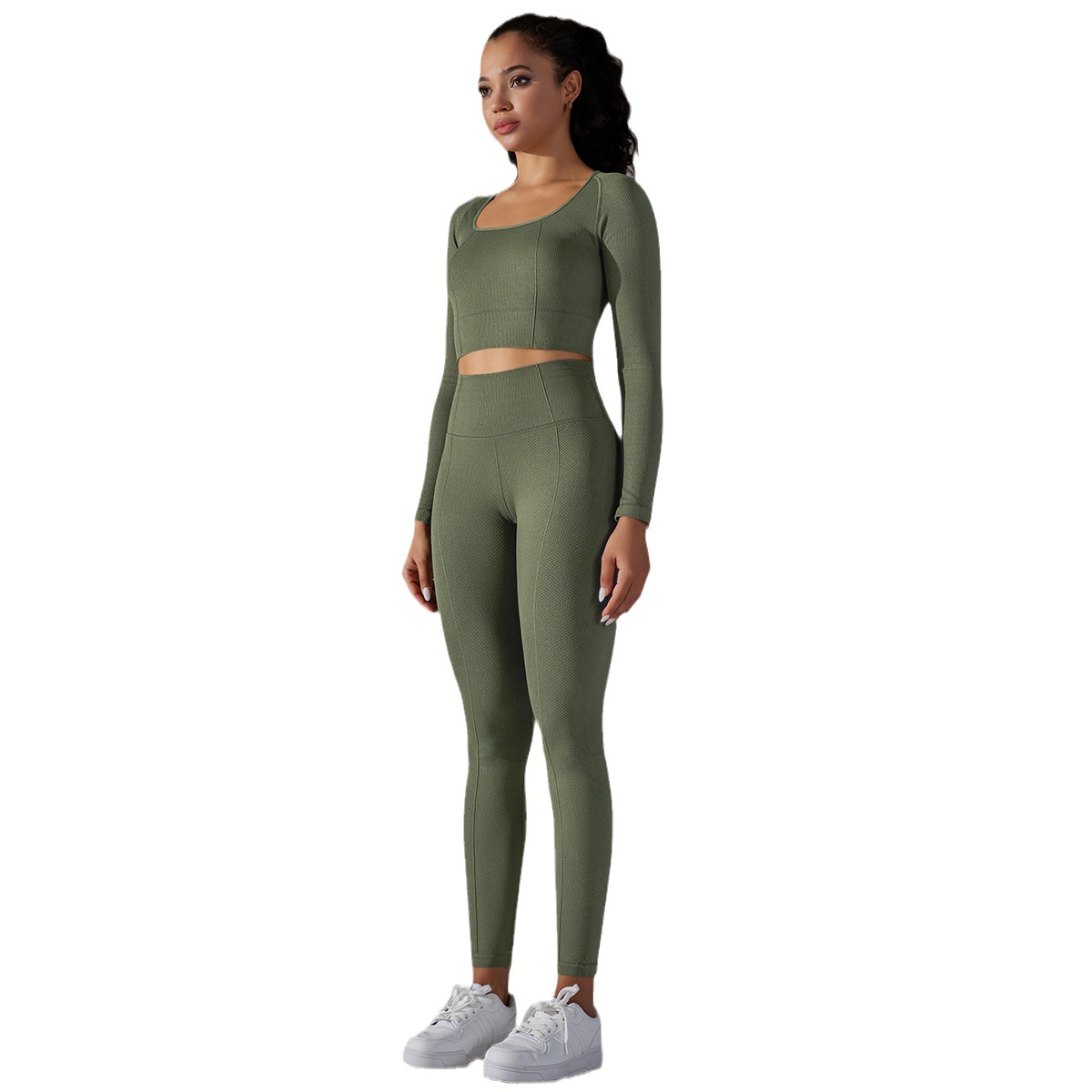 Transfronterizo europeo y americano sin costuras de punto de color sólido Jacquard de corte bajo apretado de manga larga ropa de yoga traje deportivo de fitness traje de dos piezas