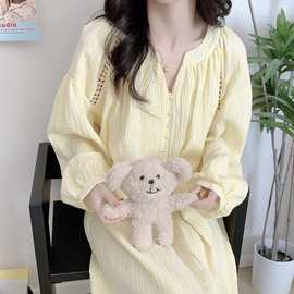 纯棉韩版秋季新款睡衣女连衣裙黄色条纹花边珍珠扣双层纱长袖睡裙