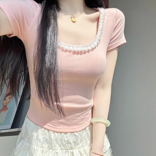 Pure Desire Lace Square Neck Short Sleeve T-shirt for Women Summer Tea Ceremony Bodycon Deep Neck Ballet Style Square Shoulder Top