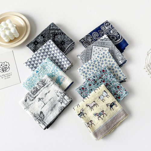 Cotton silk scarf small square scarf for women spring new European and American headscarf versatile cashew print cotton and linen scarf