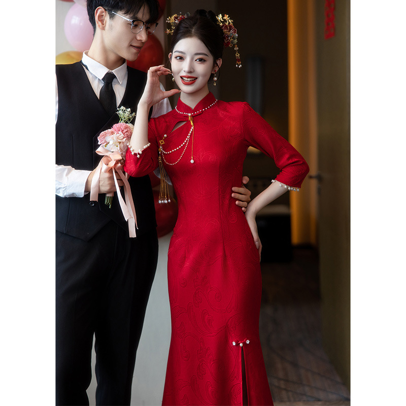 Fishtail Toast Dress, Bride's Cheongsam, Petite Burgundy French Style New Engagement Dress, New Chinese Style Wedding Dress for Women