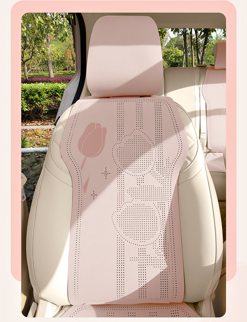 26 New Tulip Car Seat Cushions, Ice Silk, Cute and Comfortable, Suitable for All Seasons, Cartoon Design, Breathable, with Faux Fur Cover