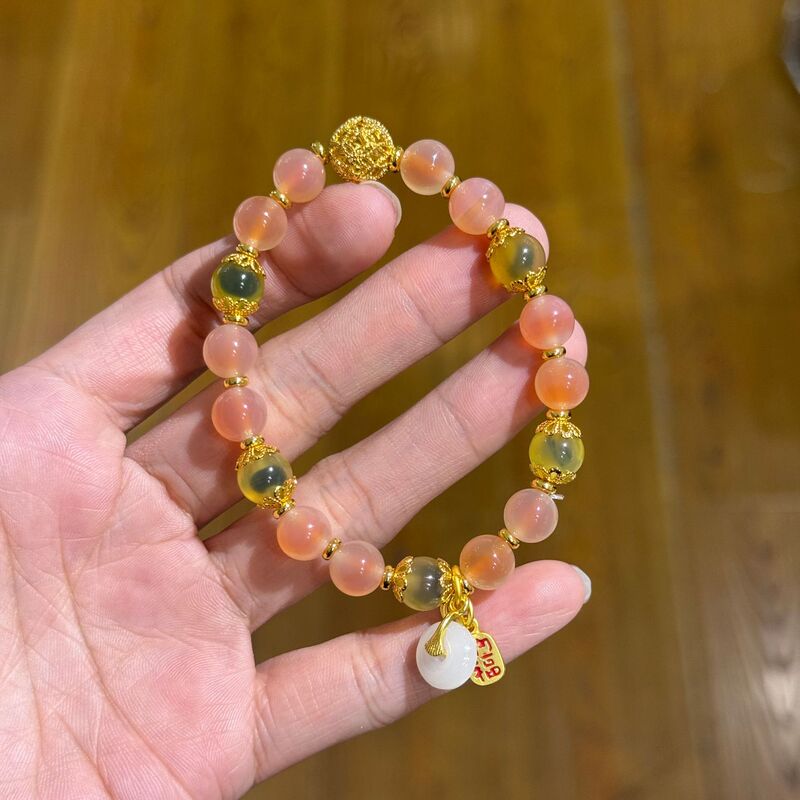 Ash-Colored Porcelain Glass Gold Foil Half-Sugar Bracelet Orange Sugar Agate Light Wish-Fulfilling Peace Buckle Fortune Bracelet for the Year of Birth